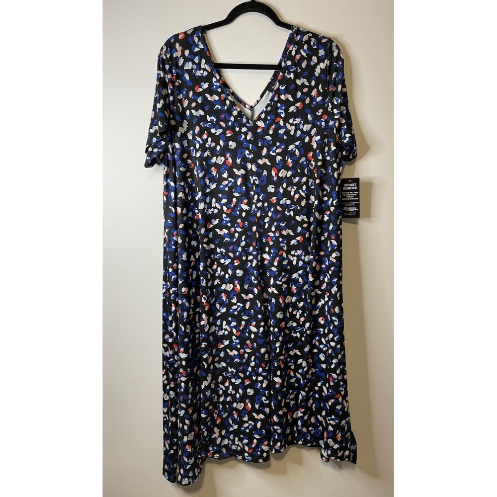Roamans Dress Womens 18/20 L Navy Multicolor V Neck Short Sleeve Flowy Casual